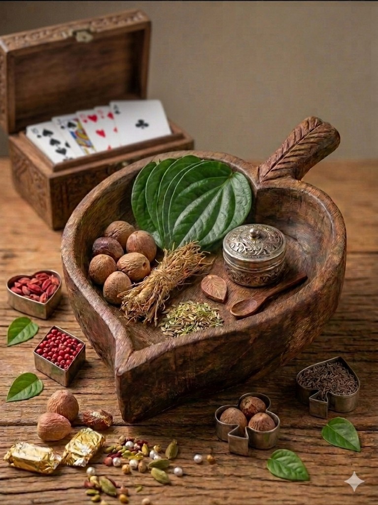 Traditional Havyaka paan tray, spices, and playing cards